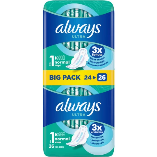 Always® Ultra Normal Mit Flügeln Damenbinden BigPack 26ST 1 Always® Ultra Normal Mit Flügeln Damenbinden BigPack 26ST