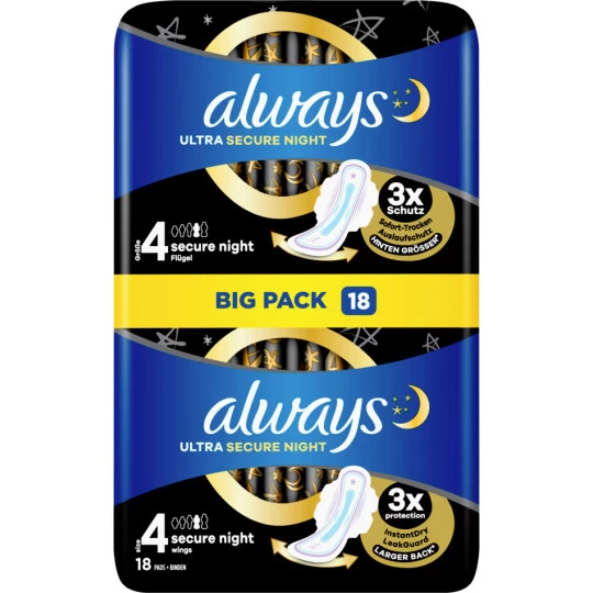 Always® Ultra Secure Night Mit Flügeln Damenbinden Big Pack 18ST 1 Always® Ultra Secure Night Mit Flügeln Damenbinden Big Pack 18ST